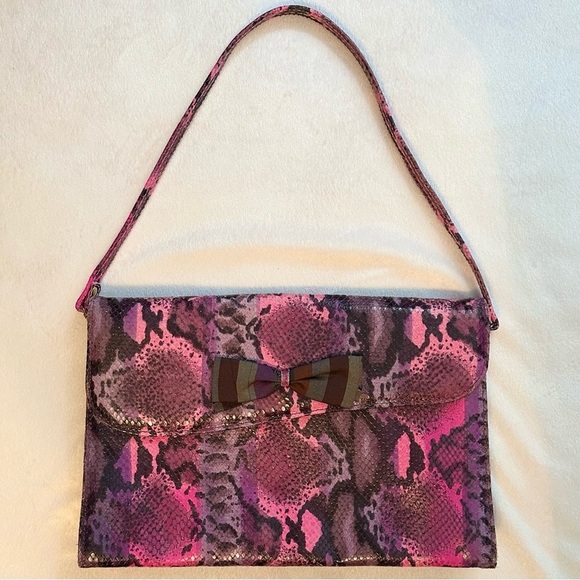 pourchet Handbags - Vintage Pourchet Paris Pink Faux Snakeskin Large Clutch Purse Stripe Bow RARE